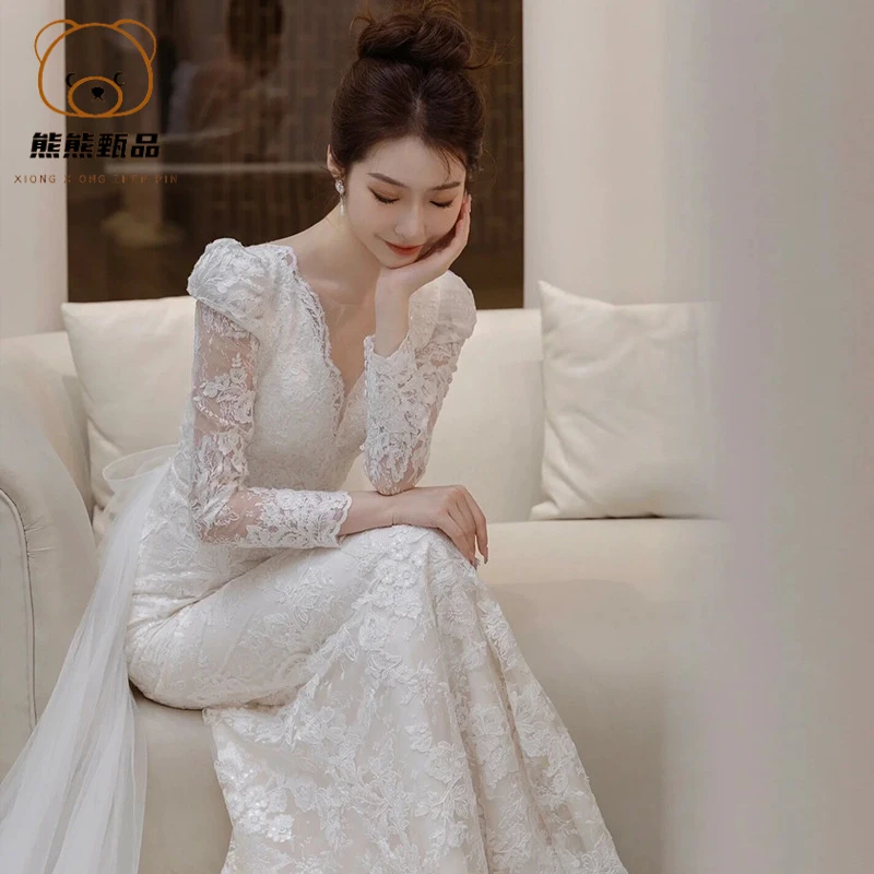 秋冬长袖蕾丝轻婚纱双12新款新娘法式出门迎宾纱拖地鱼尾礼服裙by