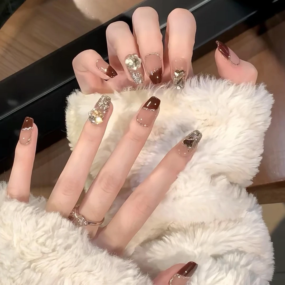 YH法式浪漫酒红爆闪亮片香槟钻成品新娘甲穿搭随时拆卸重复替换