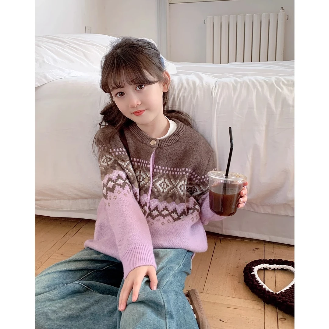 童装秋装新女童洋气针织开衫儿童宝宝宽松春秋季撞色毛衣潮A24317