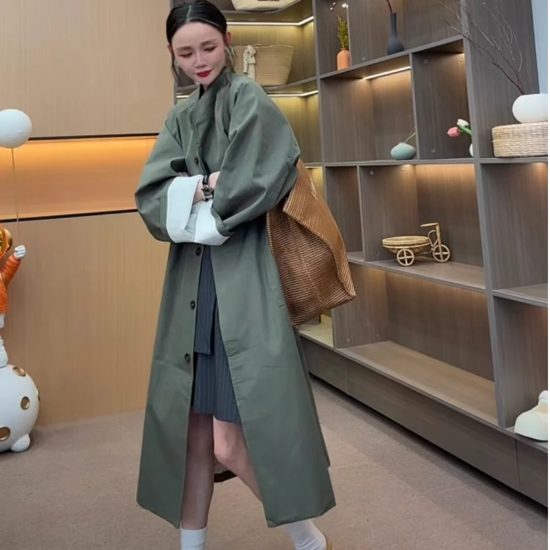 【XH】时尚尤莱特中长款风衣外套韩系日系休闲单排扣立领宽松外套