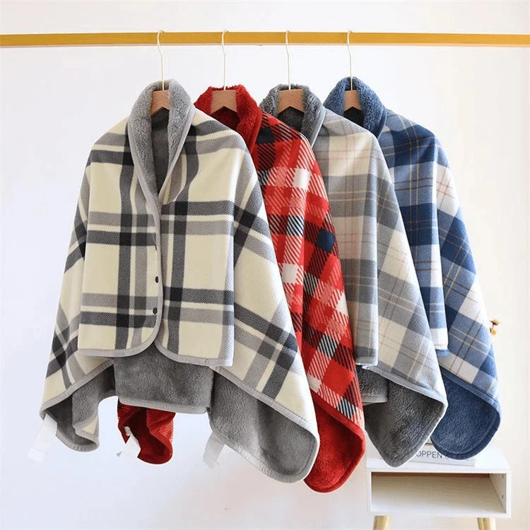 秋冬季防风保暖披肩加厚款办公室睡毯加绒护颈披肩格子盖毯披风款