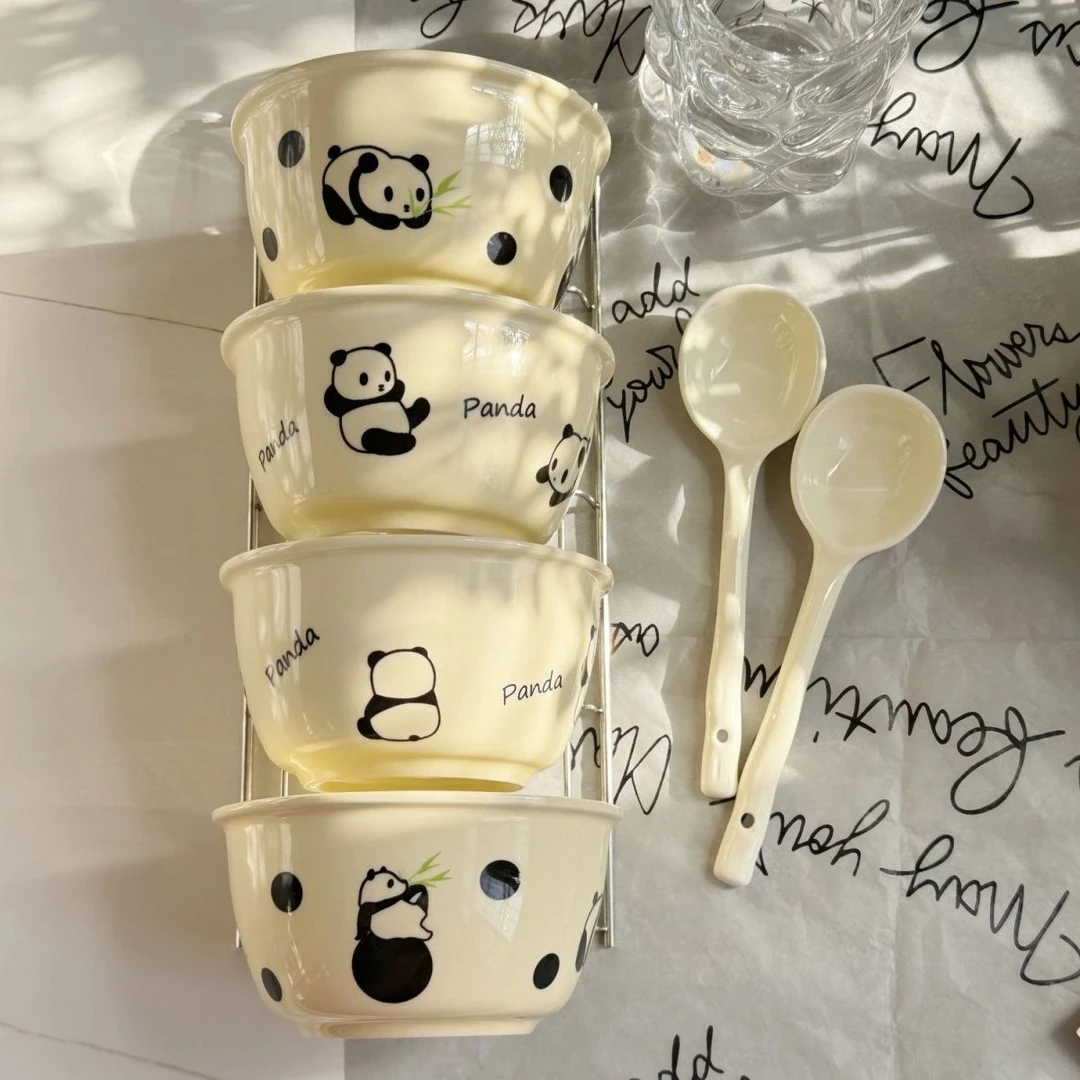 【四件套】可爱熊猫仔仔奶fufu陶瓷碗釉下彩饭家用可爱陶瓷双耳饭