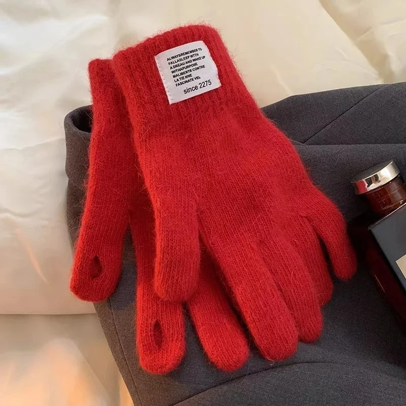 韩版纯色针织手套女冬季高级感保暖毛线毛茸茸防风露指可触屏百搭