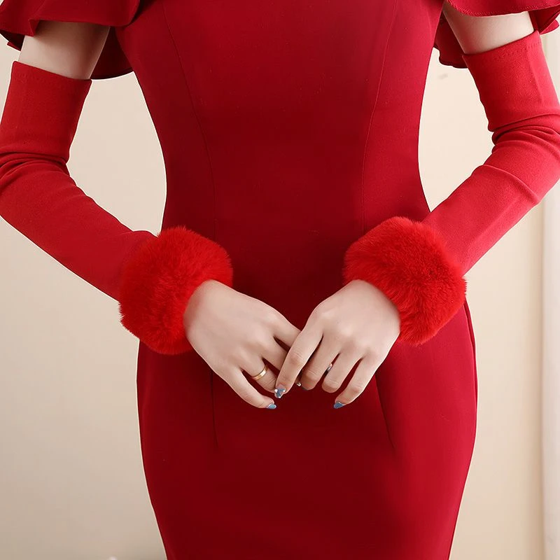 冬季新娘红手套婚纱结婚礼服秀禾敬酒服袖套保暖加厚加绒手袖长款