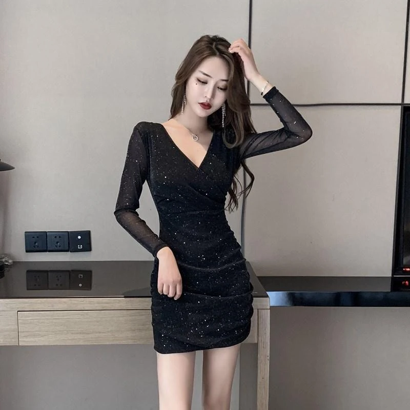 夜总店连衣裙女长袖修身显瘦包臀裙足疗技师工装夜场性感裙工作服