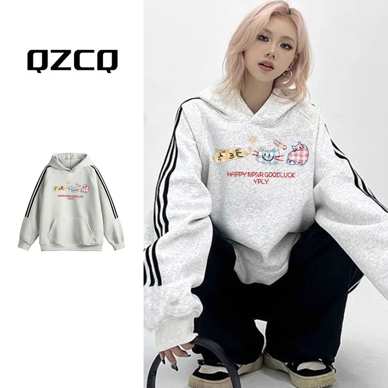 美式复古印花997秋冬三条织带拼色连帽衫卫衣女宽松慵懒风百搭ins