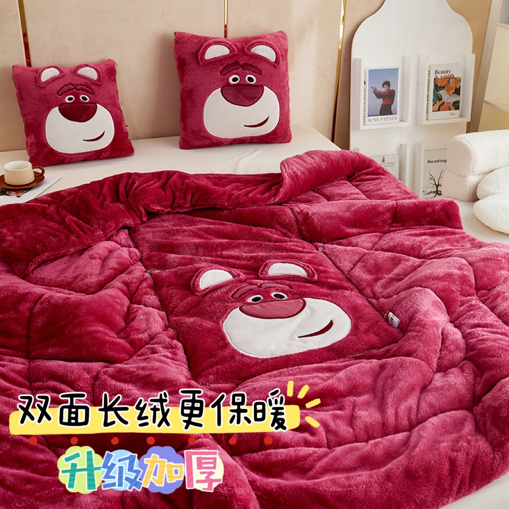 限【玫红大熊头长绒】加绒加厚多功能抱枕被二合一两用可折叠车载