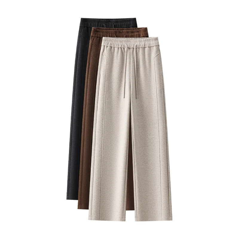 杏色羊毛呢阔腿裤女秋冬款2024新款高腰显瘦直筒宽松直筒裤子9951