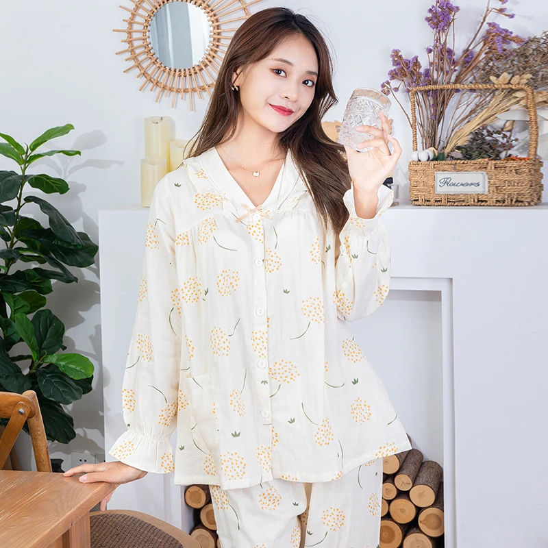 春秋女士长袖吸湿透气棉宽松舒适大码薄款套装睡衣