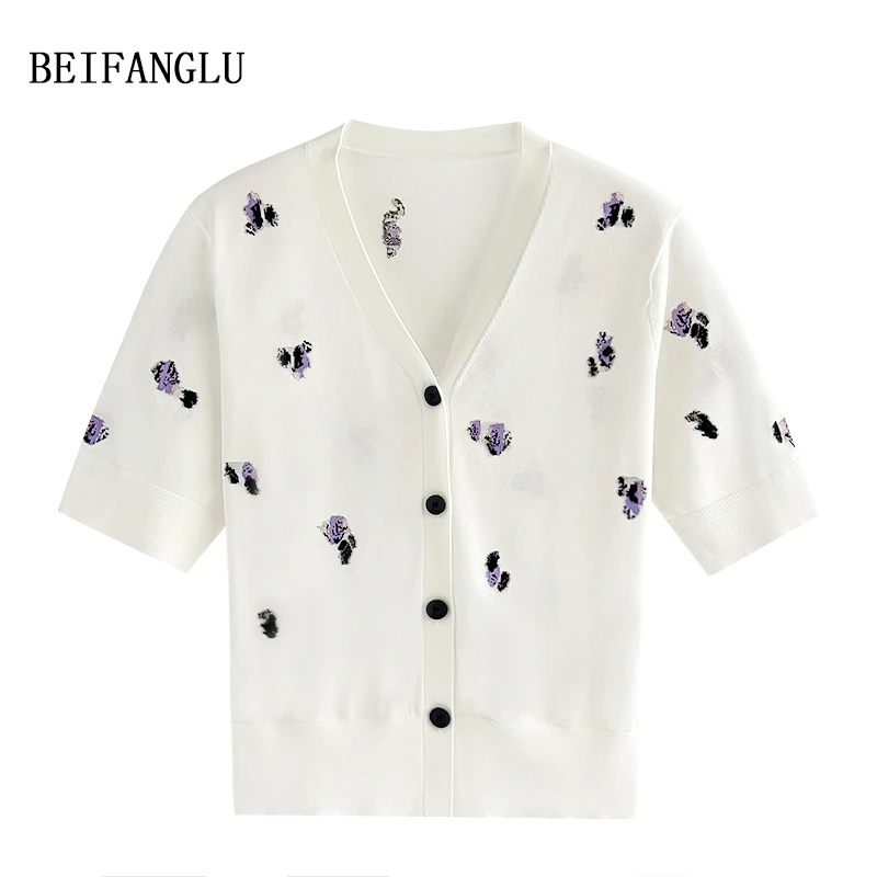 北方鹿【艺术蝴蝶兰】莱赛尔醋酯桑蚕丝夏季提花V领针织开衫女6821