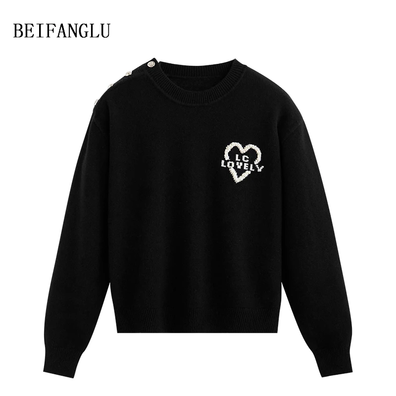 北方鹿【珍珠爱心提花】绵羊毛2024秋冬气质圆领肩章扣套头毛衣2452