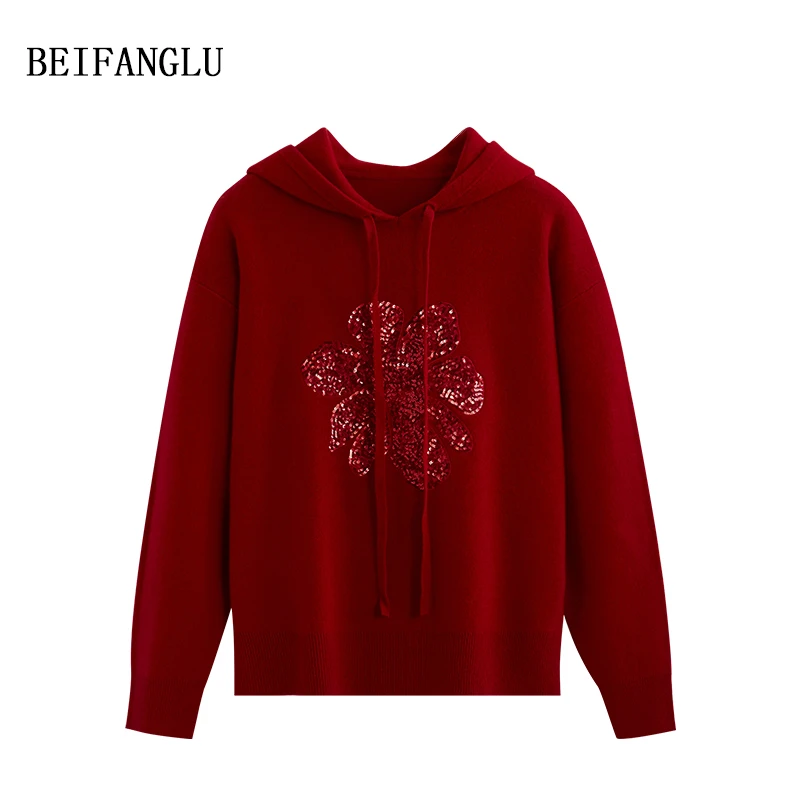 北方鹿 L*C品簰柜单！绵羊毛重工珠片2024秋冬连帽长袖针织衫3005