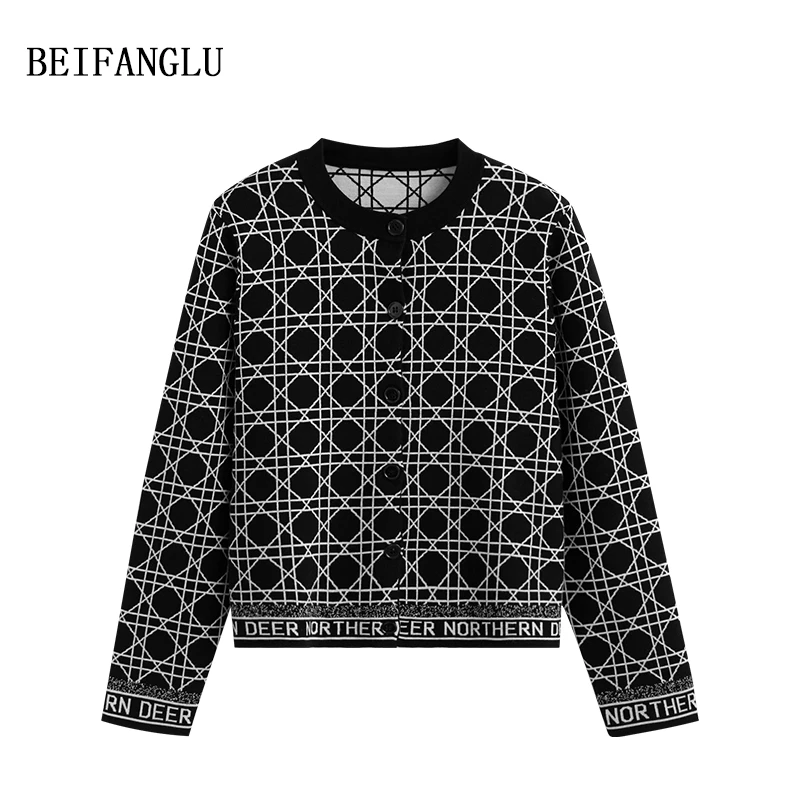 北方鹿【经典戴妃格】精纺羊毛2024秋冬新品气质圆领针织开衫女2601