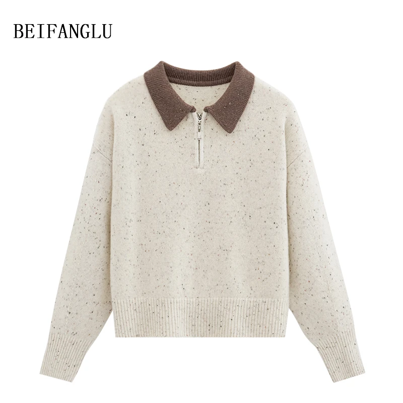 【北方鹿】定染点子纱绵羊毛2024秋冬气质撞色翻领套头针织衫W9177