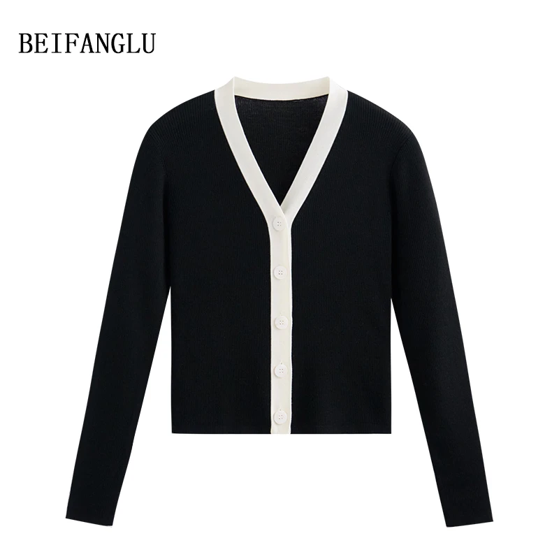 北方鹿 E*家柜单！精纺羊毛早秋法式气质显瘦坑条V领针织开衫6950