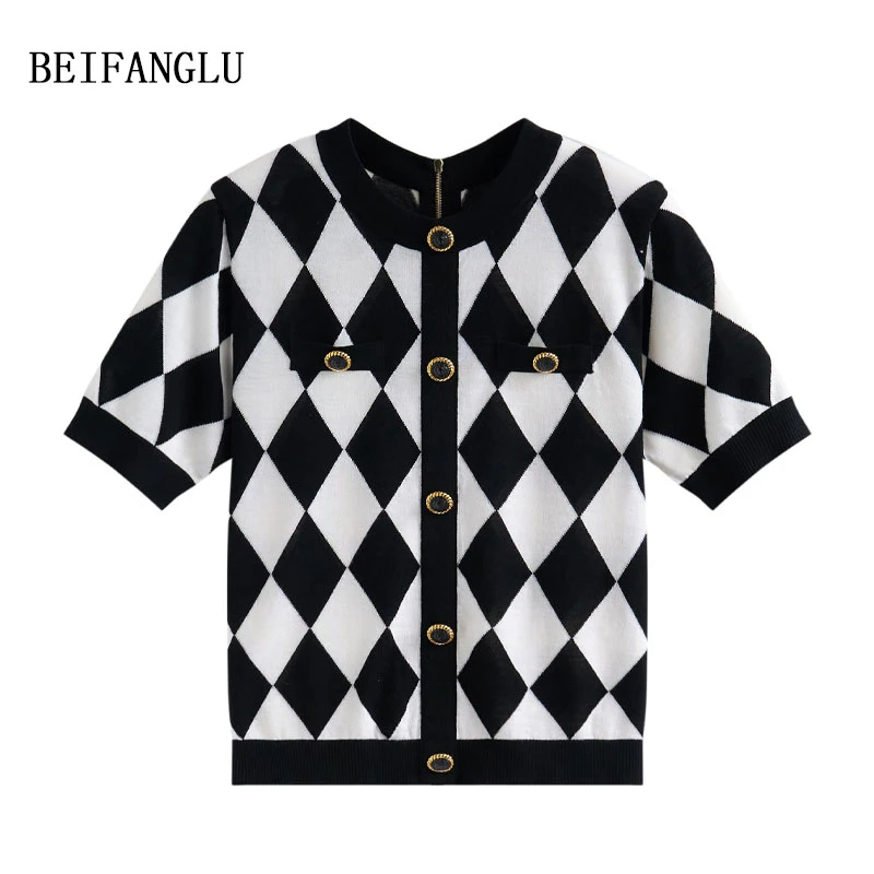 北方鹿【幂式穿搭】细支精纺羊毛气质经典黑白菱格女士针织短袖1171