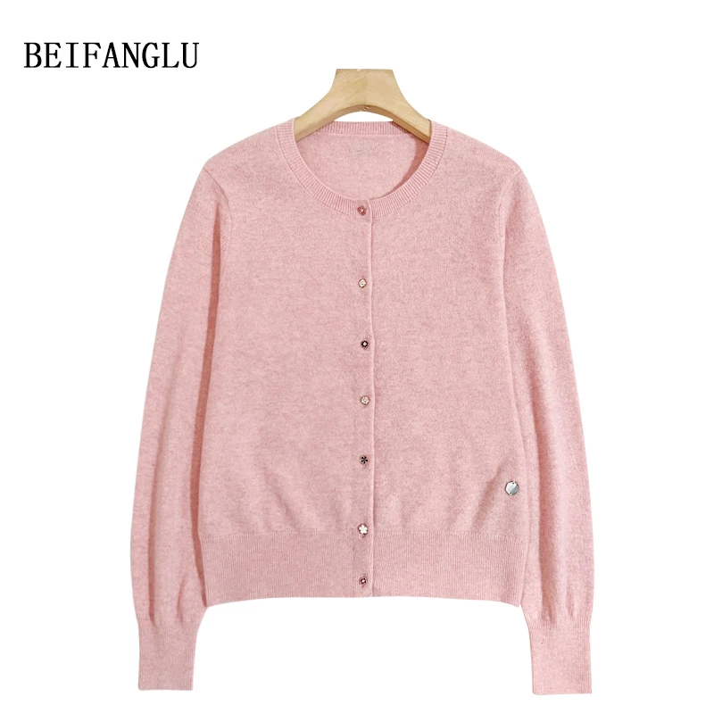 【北方鹿】MORO山羊绒系列 气质圆领简约百搭织带长袖羊绒开衫9116