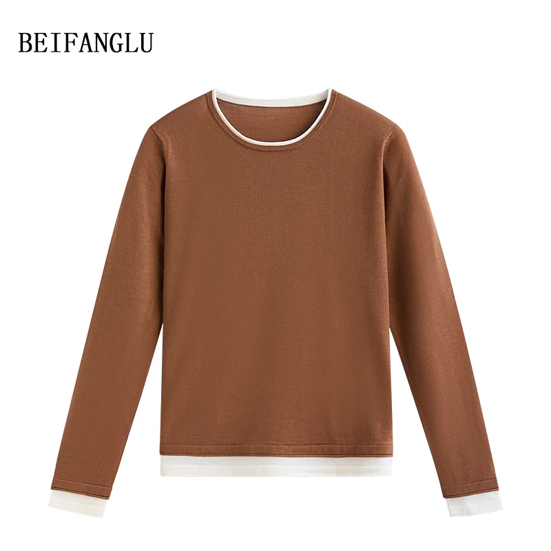 北方鹿【0压感系列】精纺细支羊毛气质圆领假两件长袖针织衫女6823