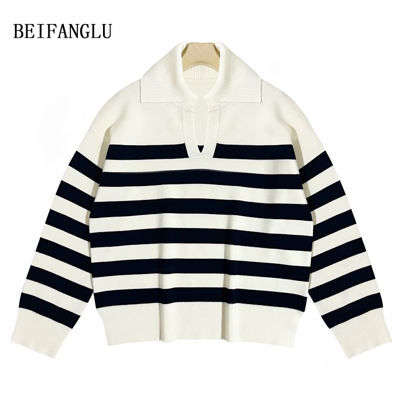【高定系列柜货】秋上新经典条纹气质海军领长袖羊毛衫女5186