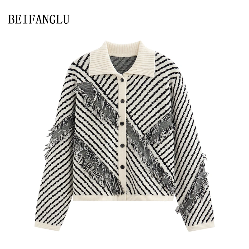 北方鹿【E*秀场穿搭】绵羊毛2024秋冬斜纹提花流苏POLO领针织衫6656