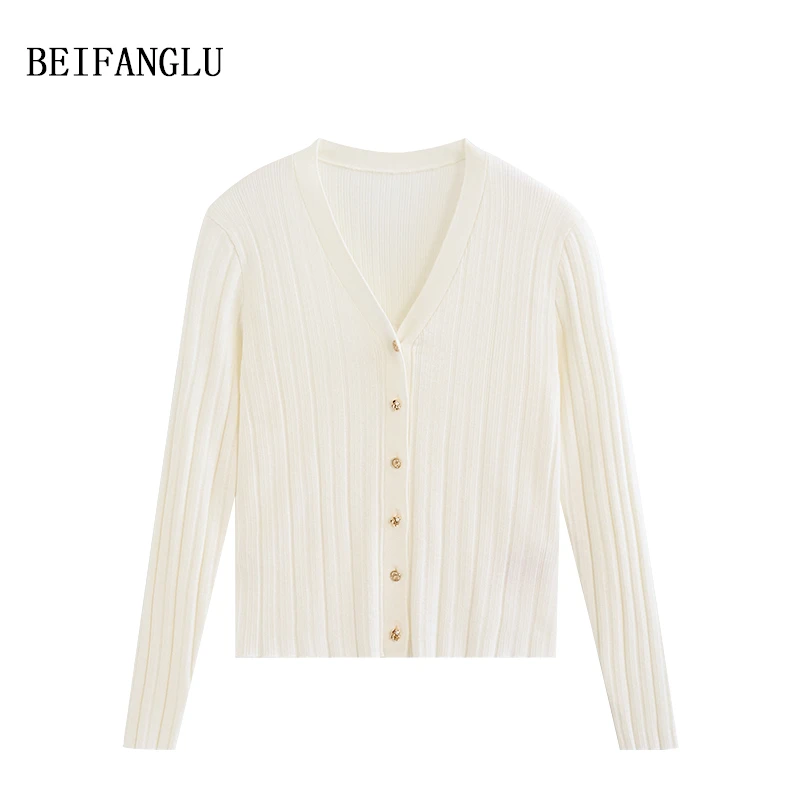 北方鹿 法式小金扣！精纺羊毛V领亮丝坑条女士针织开衫2024秋1065