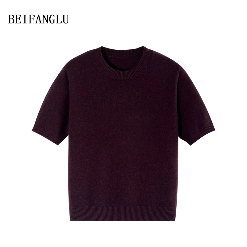 北方鹿 P*家定染油墨紫！高级感法式圆领气质绵羊毛针织短袖女8011