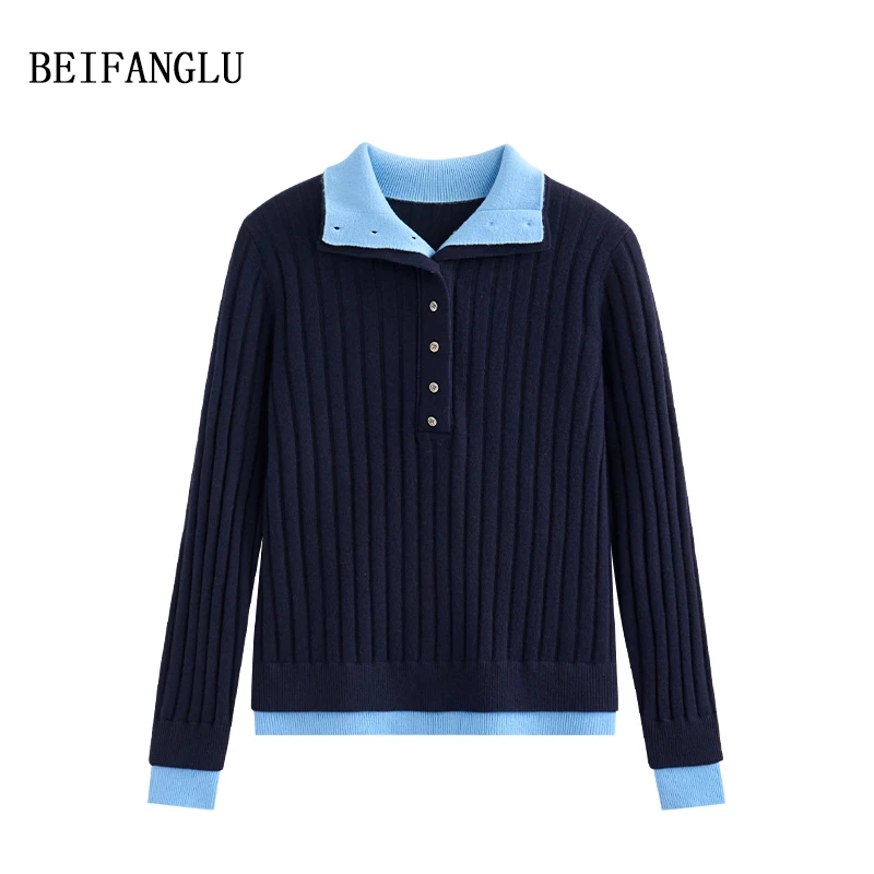 北方鹿【L*P法式知性穿搭】绵羊毛2024冬气质撞色假两件针织衫W9243