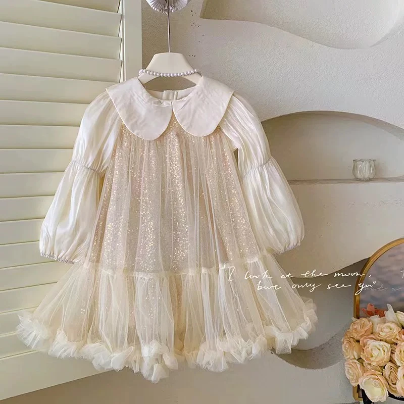 【星河璀璨】女童娃娃领后背大蝴蝶结亮片秋款连衣裙生日2353