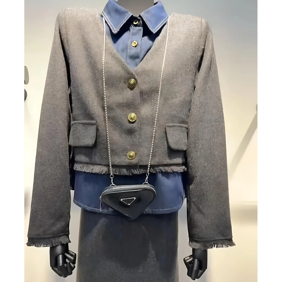 秋季新款复古假两件毛呢套装灰色气质气质轻奢牛仔时尚秋冬长袖