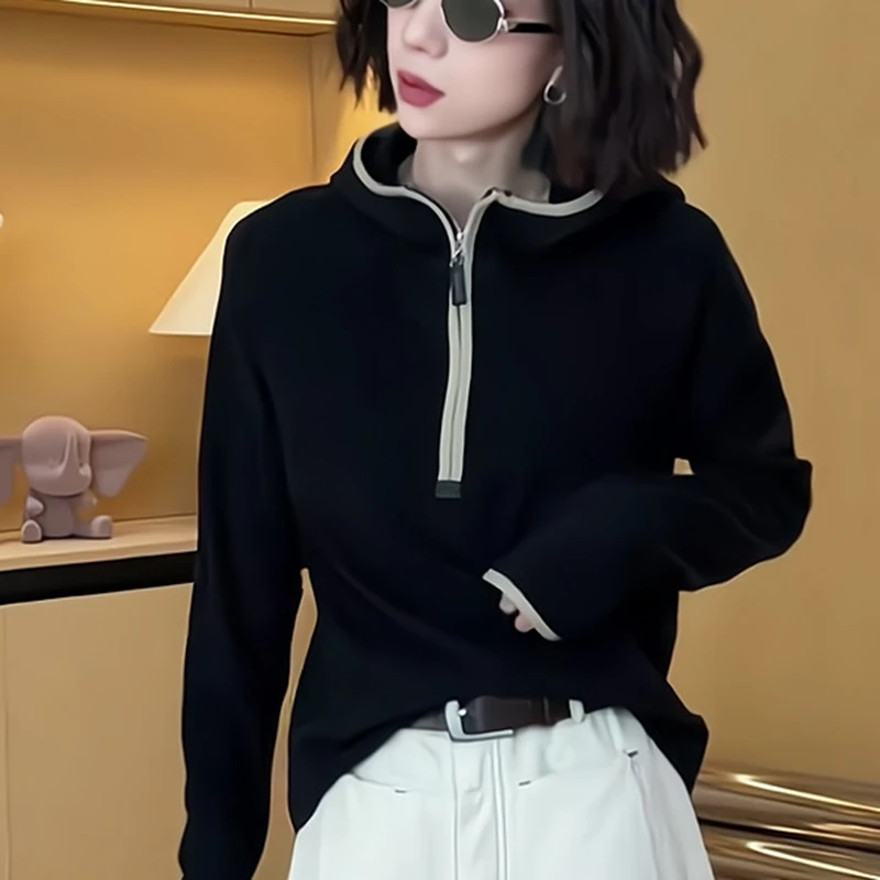设计感黑色小众半拉链连帽卫衣2025秋冬新款早秋冬休闲小个子上衣