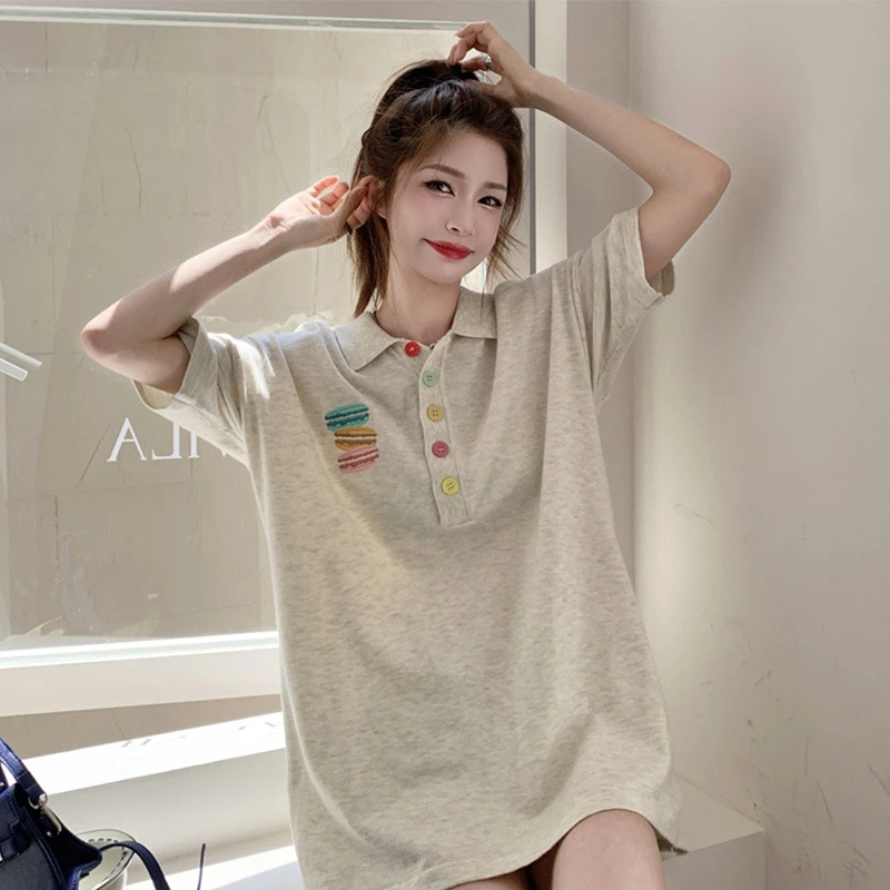 灰色高级感翻领短袖t恤女夏宽松长款新款漂亮polo衫欧货遮臀上衣