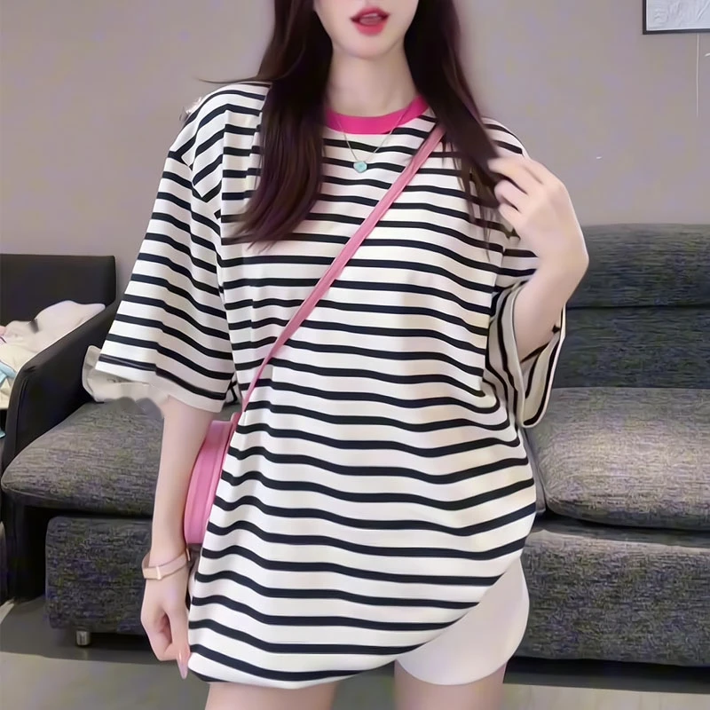 韩版休闲时尚条纹短袖t恤女夏季新款中长款宽松大版百搭显瘦上衣
