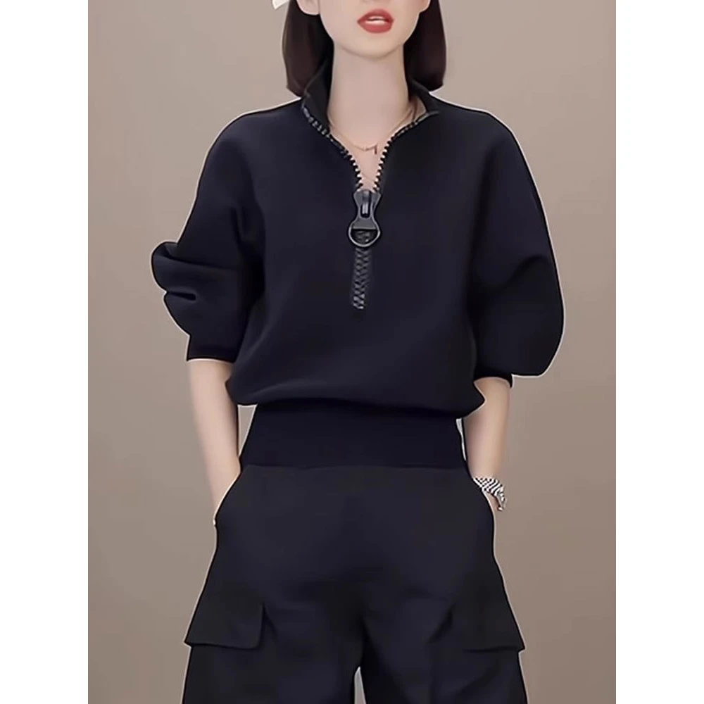 黑色无帽半拉链卫衣女春秋薄款设计感空气棉高腰短款小个子上衣