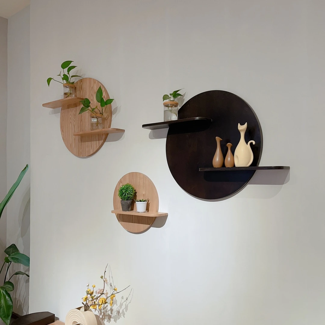 客餐厅墙面壁饰家用原木风圆形装饰挂件台板实木搁板套件个性饰品