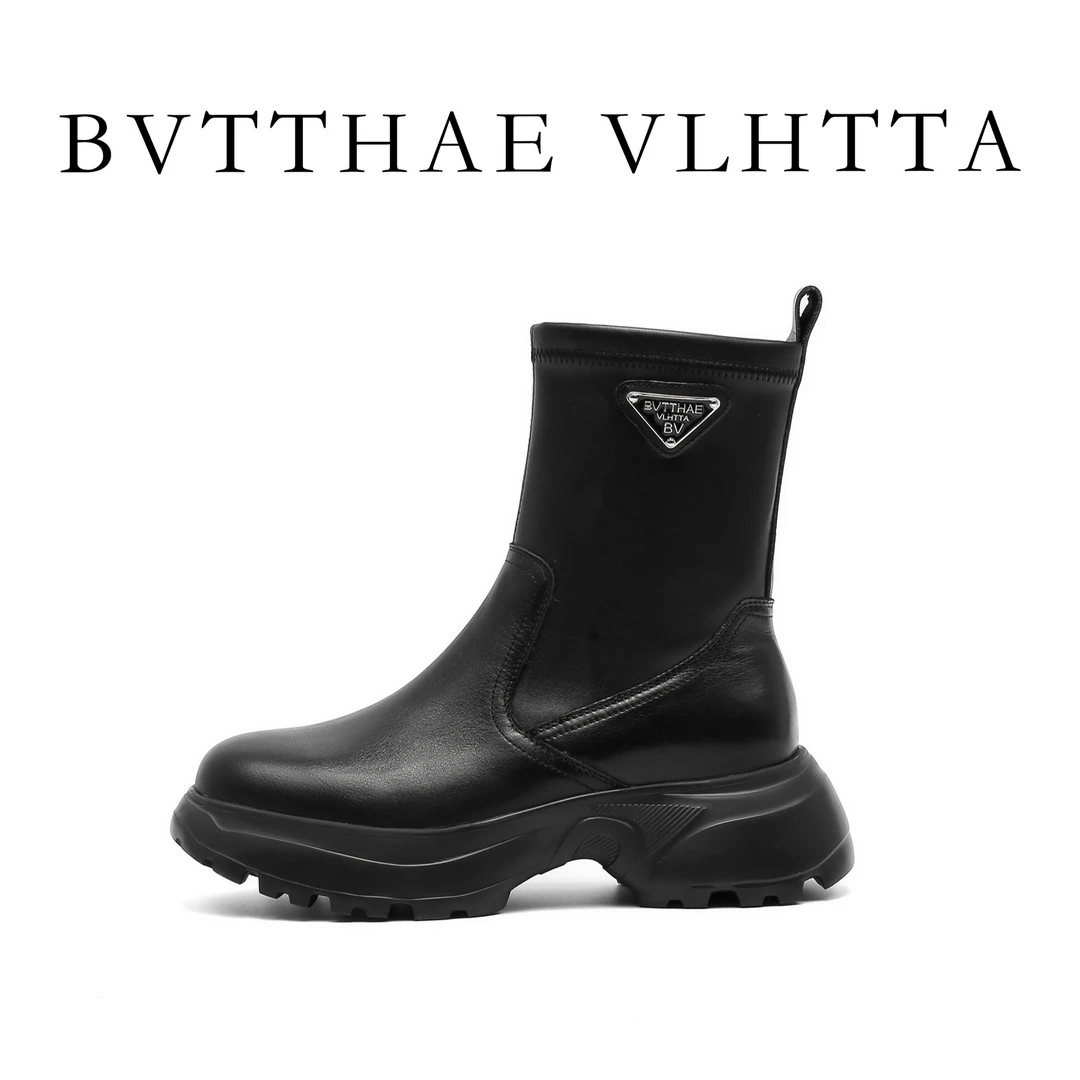 【官方正品】女士 BV【防伪芯片】气质小众真皮厚底增高5公分女靴