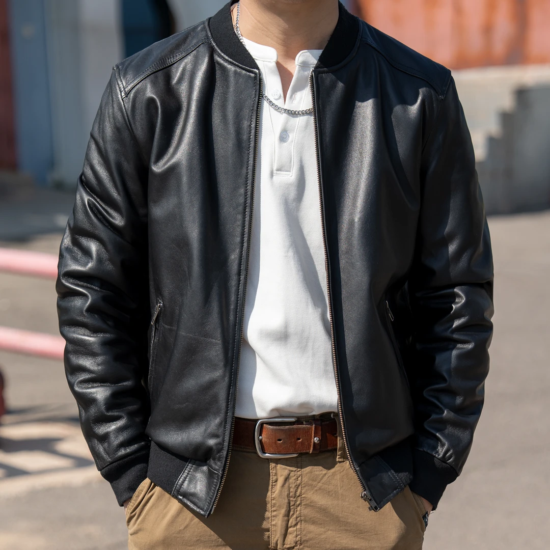 春秋新款绵羊皮男士真皮皮衣棒球款立领外套皮夹克修身短款时尚潮