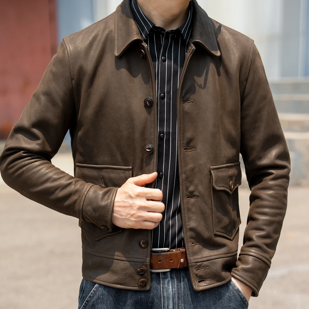 惊艳做旧~进口头层小牛皮男士翻领磨砂皮夹克秋冬真皮皮衣男外套