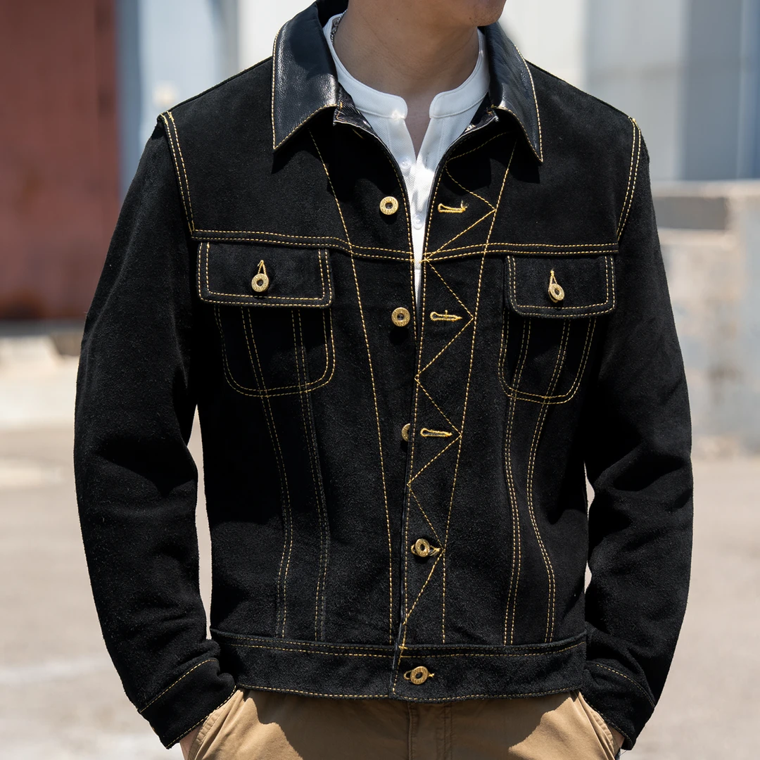 【牛皮绒面】真皮皮衣韩版男士外套皮夹克休闲牛仔秋季衬衫短款皮衣