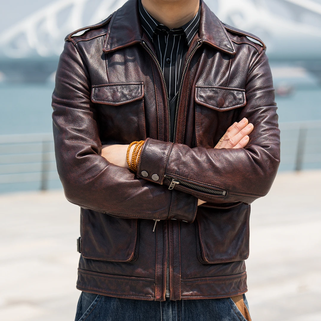 【硬汉气质】经典M65猎装真皮皮衣男多口袋头层牛皮石磨做旧皮夹克