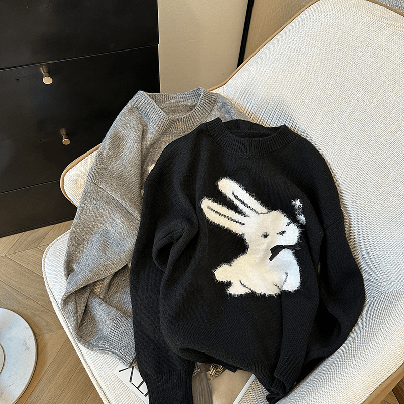 小奶兔提花套头毛衣冬季慵懒风长袖针织衫宽松圆领甜美针织上衣