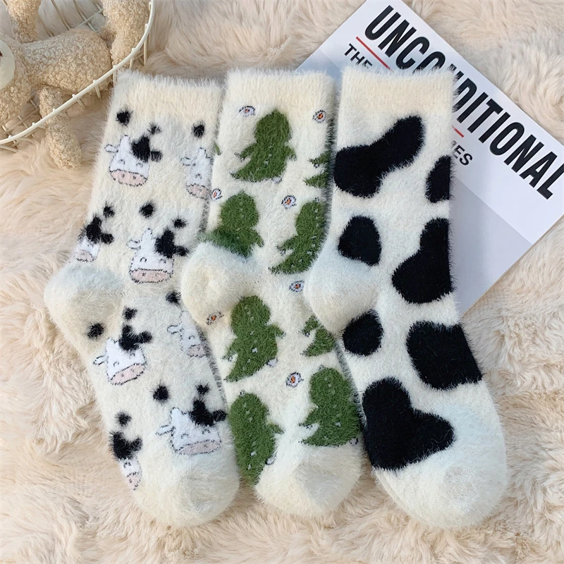 加绒加厚新款秋冬加绒仿貂绒袜子女保暖加厚奶牛睡眠毛绒地板袜