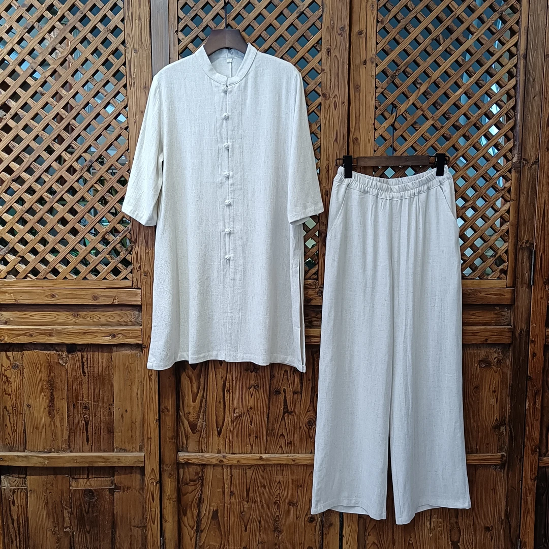 锦瑟花间新款国风棉麻手工盘扣立领打坐禅修练功服女套装