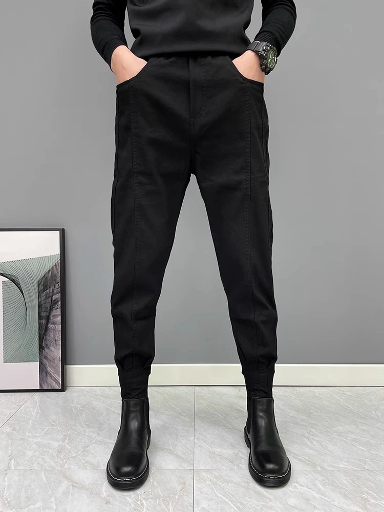 男士哈伦裤网红修身裤子男潮流百搭秋冬加绒小脚休闲九分裤束脚裤