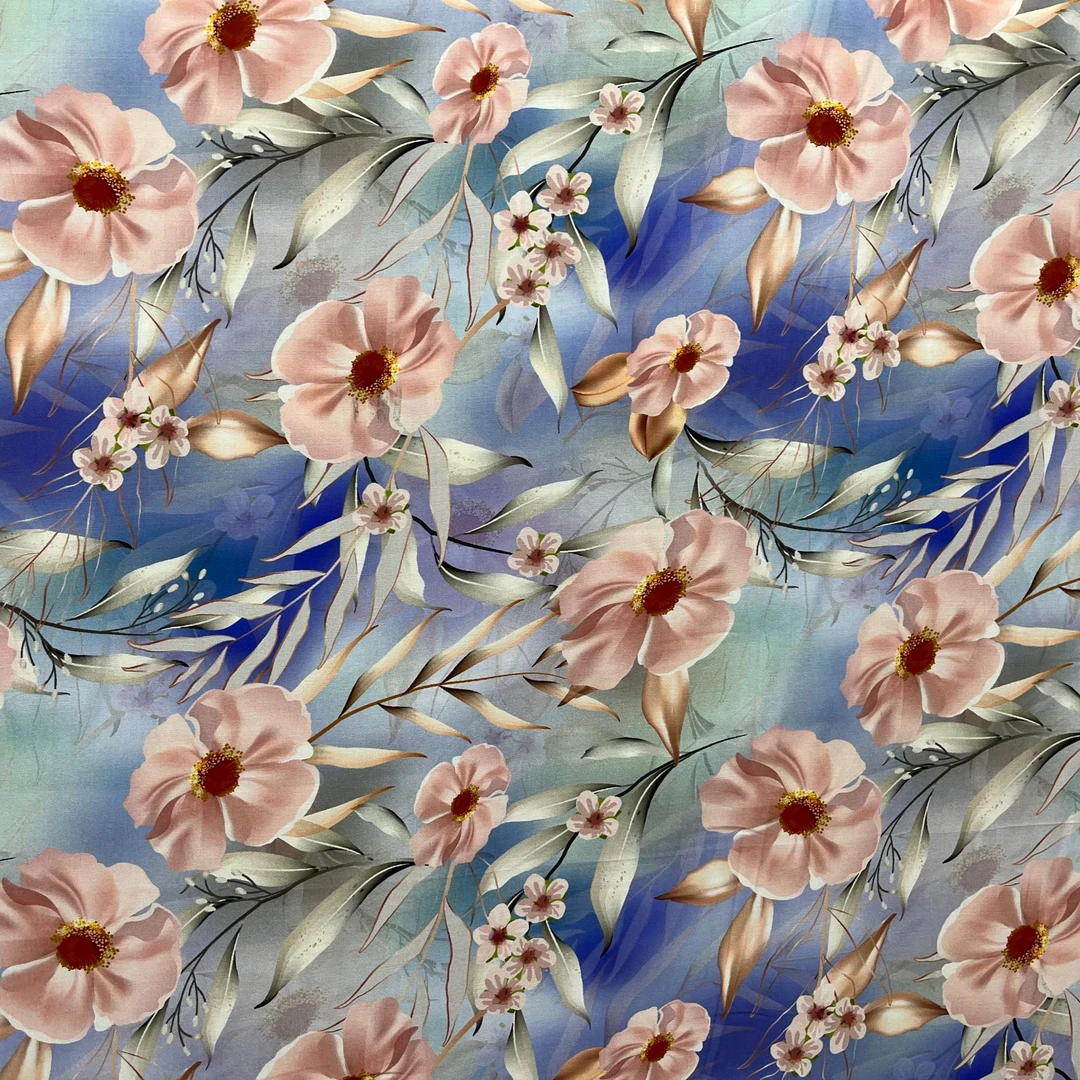 【斜纹棉贡缎】数码印花！蓝底粉花【两米包邮】