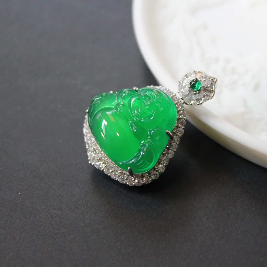 喜宝珠宝天然巴西玉髓小佛公吊坠S925银镀金