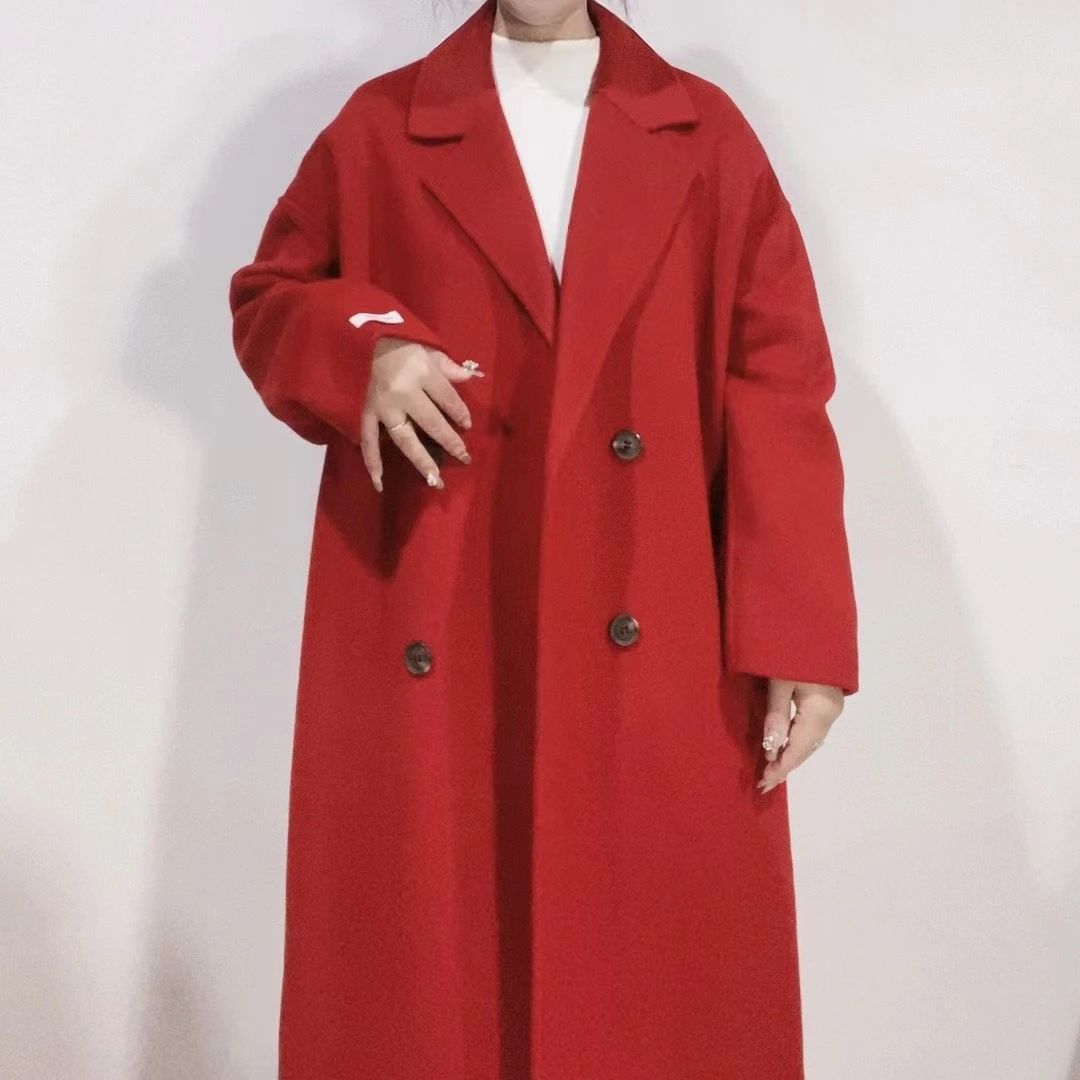 春秋冬双面尼全羊毛大衣中长款女西装领新年新娘红色通勤百搭显瘦