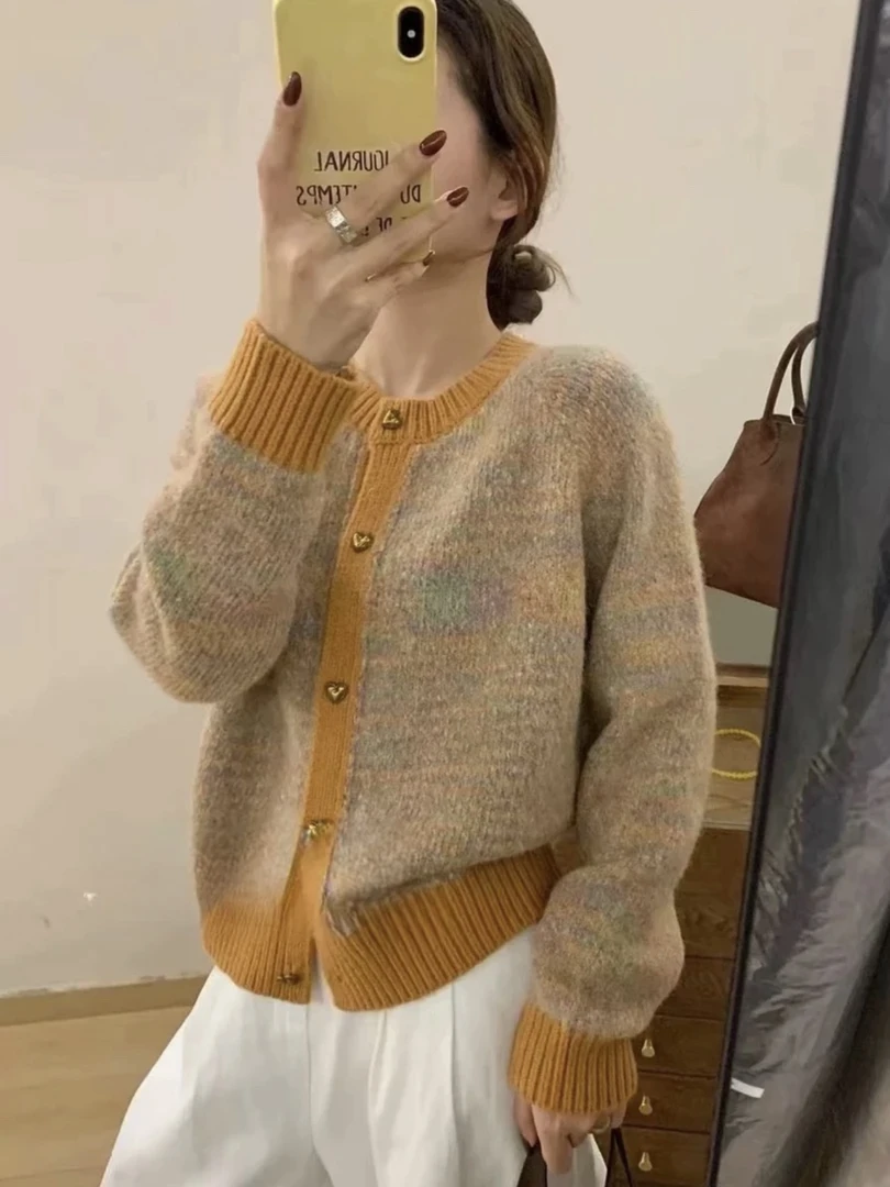 花纱橙小香风针织开衫甜美气质爱心扣外套加厚保暖毛衣慵懒外穿