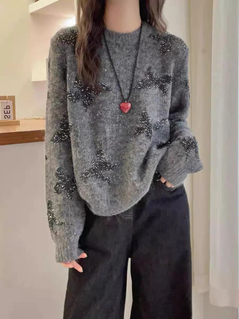 高级感重工亮片圆领长袖针织衫女2024秋冬新款慵懒风洋气软糯毛衣