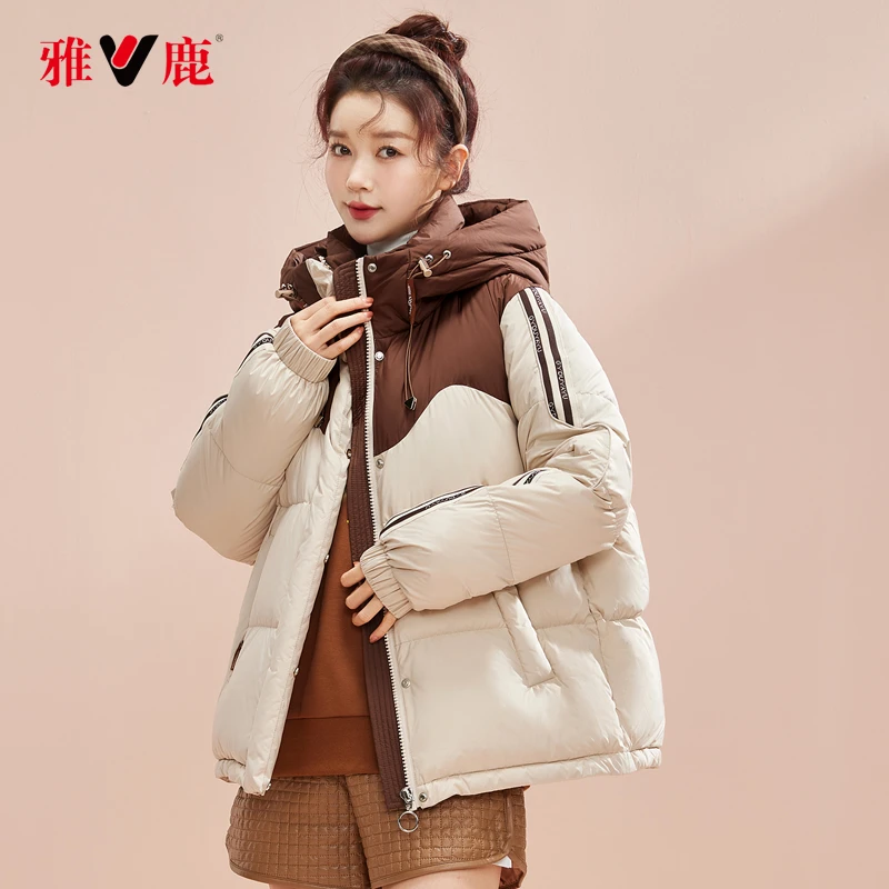 雅鹿优选冬季短款羽绒服女连帽条纹保暖抗寒小个子鸭绒外套9260