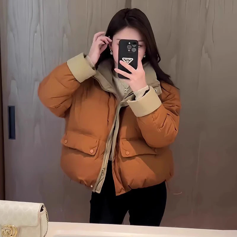 拼色立领羽绒棉服宽松短款150小个子南瓜橘酱紫色面包服外套女冬